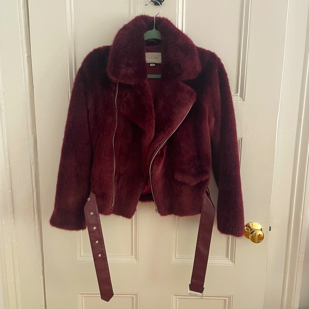 Alexis Burgundy Faux Fur Moto Jacket Size XS